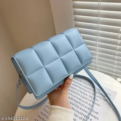 Textured net PU leather checker pattern shoulder crossbody bag for casual ladies, blue color