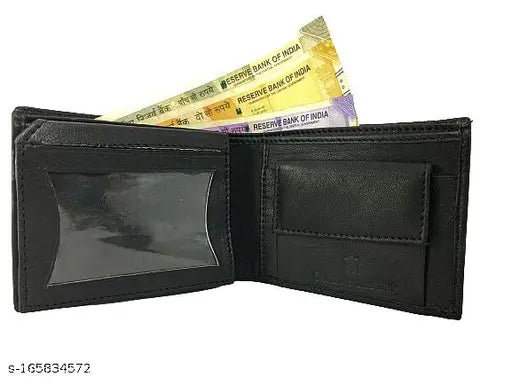 Black genuine leather compact men's wallet, solid design, perfect size (11cm x 9cm), multiple card slots and coin pocket