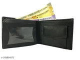 Black genuine leather compact men's wallet, solid design, perfect size (11cm x 9cm), multiple card slots and coin pocket