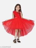 Red net hi-low dress for kids, toy balloon print, sleeveless, party wear