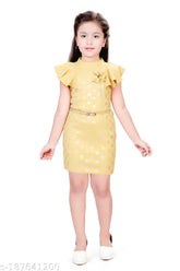 Polyester Hunny Bunny mini party dress, embellished net pattern with shoulder frill, 5-12 years sizes available, glitter stretchable fabric, lining inside, zipper back, fashionable transparent belt, handwork flower on neck, India origin