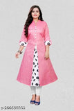 Pink cotton blend kurti for girls & women, solid pattern, three-quarter sleeves. Made in India, ideal for parties or outings