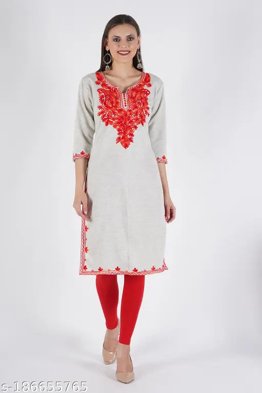 Hite embroidered wool kurti for women, three-quarter sleeves, Indian handcrafted embroidery on woolen fleece
