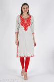 Hite embroidered wool kurti for women, three-quarter sleeves, Indian handcrafted embroidery on woolen fleece