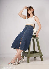 Dyed/washed denim flared skirt for women & girls, high-waisted with two buttons, denim western wear" (124 characters)