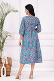 Woman in three-quarter sleeve cotton floral printed Anarkali Kurta, India origin, size S-XXXL