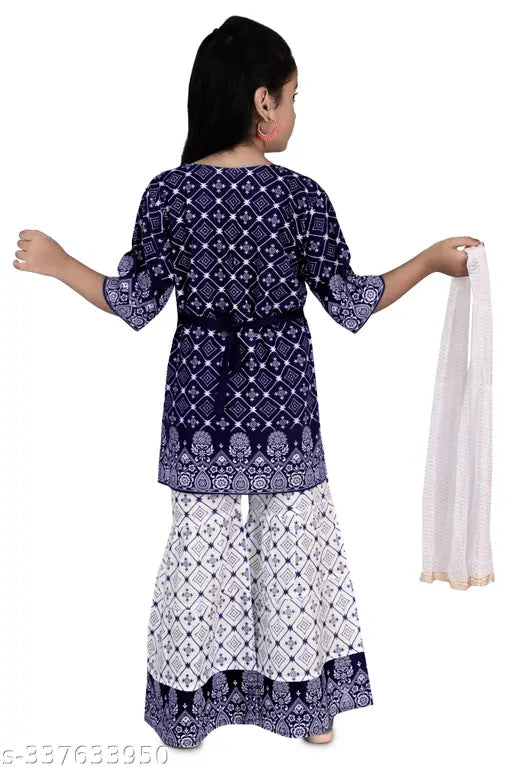 Rayon ethnic Kurta Sarara Sets with dupatta for girls (Printed, Three-Quarter Sleeves), India origin