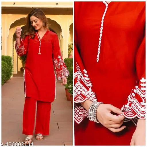 Viscose Rayon embroidered Pakistani kurta set with palazzo pant, beautiful embellishments on sleeve and dress, ready-to-wear for festive, daily, or casual wear. Handcrafted in India