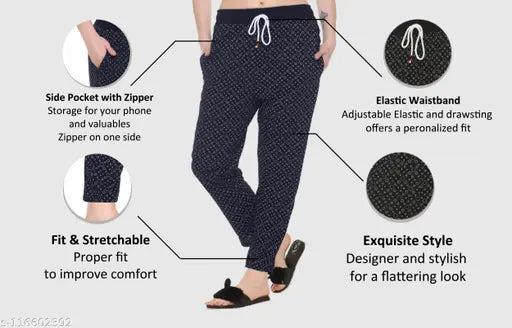 AFRONAUT Premium Women's Printed Cotton Blend Pyjama - Slim fit, comfortable, secure zipper pockets, ideal for yoga, gym, running