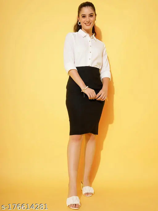 Black polyester pencil skirt with side slit, solid net, perfect for professional wear. (34-inch waist, 24-inch length, 40-inch hip size) Indian-made design