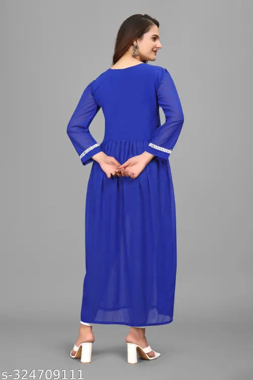 Georgette embroidered kurti OTRUFI Blur, single-toned three-quarter sleeve Indian fashion wear on hanger