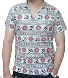 White cotton men's t-shirt with printed OM symbol, short sleeves, size M-XXXL for chest measurements 34"-44". Hang to dry after washing. Made in India