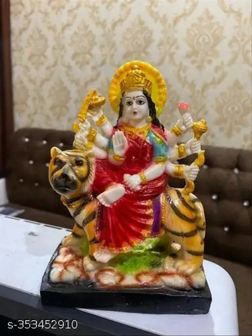 Marble-look Durga Mata statue, multicolor poly resin handicraft showpiece (16cm) for Pooja Mandir or table decor