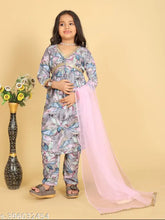 Maslin fabric Alia cut top with Sharara dupatta Set for Girls, teal print traditional ethnic wear for kids, Indian festive occasion wear