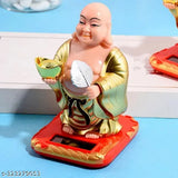 Gold plastic A1 Solar Laughing Buddha idol with moving head and waving fan, brings health, wealth, and prosperity for home decor (6.5 cm x 7.5 cm x 11 cm)