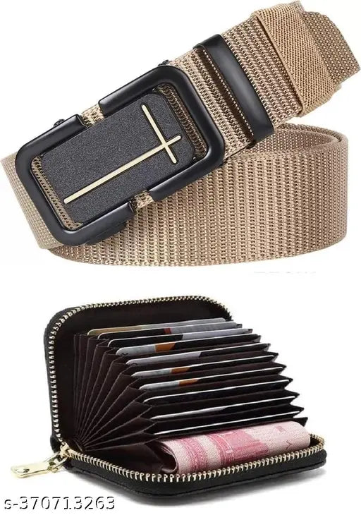 Brown PU net men's casual belt & wallet set, India-made accessory