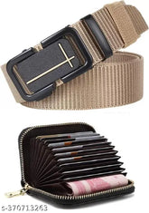 Brown PU net men's casual belt & wallet set, India-made accessory