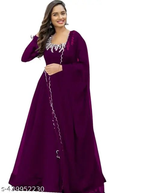 Pink Georgette long-sleeved Anarkali gown with lace, India