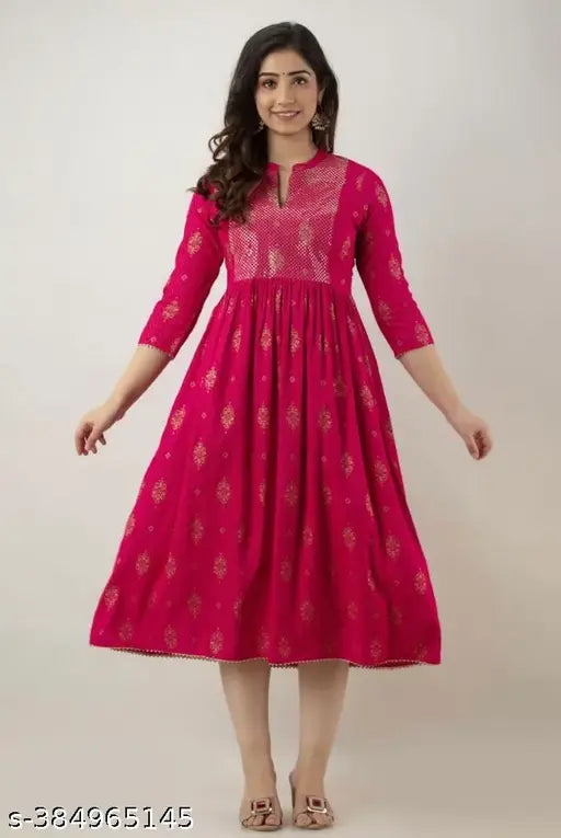 Rayon printed mirror work kurta for women, embroidered three-quarter sleeves, Indian festival wear