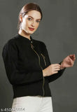 Black woolen double-chain jacket for women, stylish winter wear with long sleeves, made in India