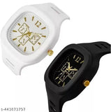 Rubber-strap square dial kids watch combo, mechanical automatic, battery-powered, perfect for trendy boys