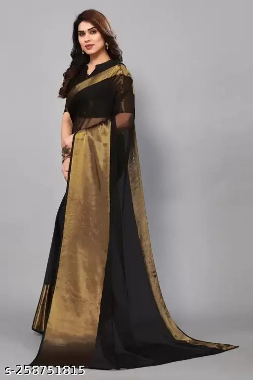 Black chiffon Georgette saree with running blouse, vibrant color combination, Bollywood-inspired style, free size, Made in India