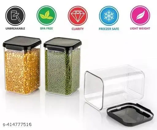 Black airtight square-shaped kitchen storage containers (1100ml each), pack of 12 - Unbreakable and ideal for dried masala storage in the fridge