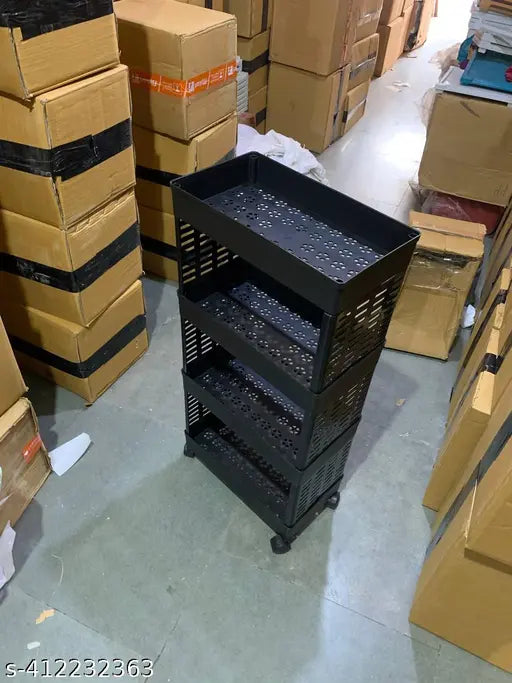Black plastic net 4-tier kitchen storage rack for onions, potatoes, aloo, pyaaz, fruits, vegetables, and sabji