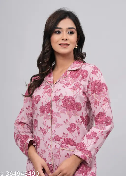 Women's cotton night suit set with 1 pocket, comfortable and fashionable printed design, available in various sizes (M-5XL), India origin
