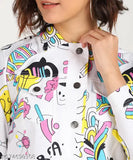 Denim jacket with cotton long sleeves, printed twill design in white, for casual & party wear. Made in India (Size M: Bust 36in, Length 21in; Size L: Bust 38in, Length 21in; Size XL: Bust 40in, Length 21in)