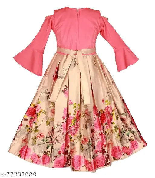 Pink satin frock dress (single) for girls party wear, long sleeves, printed net pattern, sizes: 2-3yrs, 3-4yrs, 4-5yrs, 5-6yrs, 6-7yrs, 7-8yrs, 8-9yrs, 9-10yrs. Indian origin