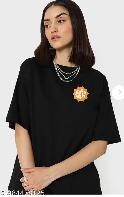 Oversize women's black cotton blend round neck typography print t-shirt with short sleeves, perfect for casual wear and fashionable outfits