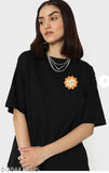 Oversize women's black cotton blend round neck typography print t-shirt with short sleeves, perfect for casual wear and fashionable outfits