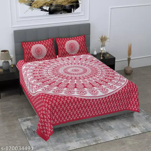 Double size Jaipuri cotton bedsheet with 2 matching pillow covers, featuring Rajasthani ethnic motifs. Ideal for adult use with a thread count of 180