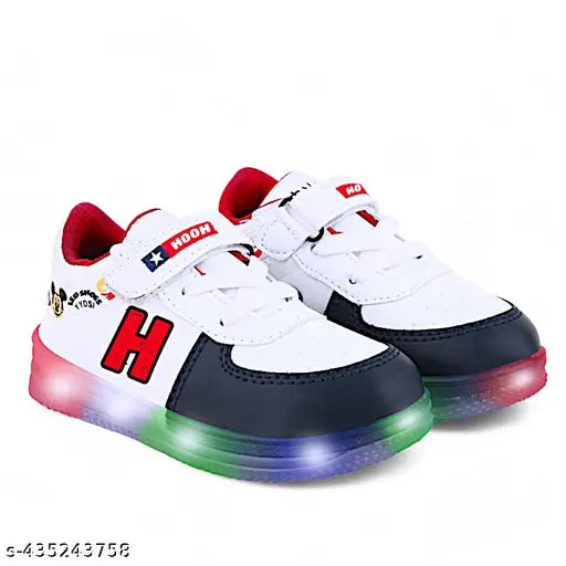 Red waterproof breathable knit shoes with LED light for kids aged up to 7 years, ideal for indoor/outdoor party wear and daily use