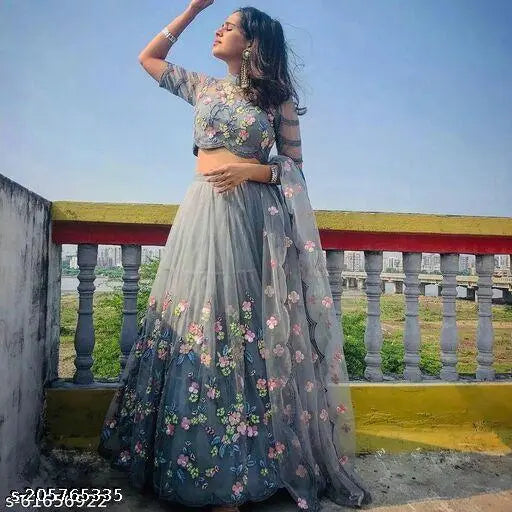 New Design Flower Applique Net Lehenga Set with Choli and Dupatta, Indian bridal wear featuring floral prints