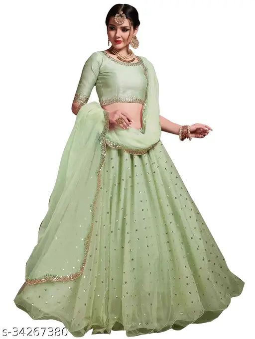 Green silk & net embroidered lehenga choli and dupatta, semi-stitched with sequin work