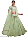Green silk & net embroidered lehenga choli and dupatta, semi-stitched with sequin work
