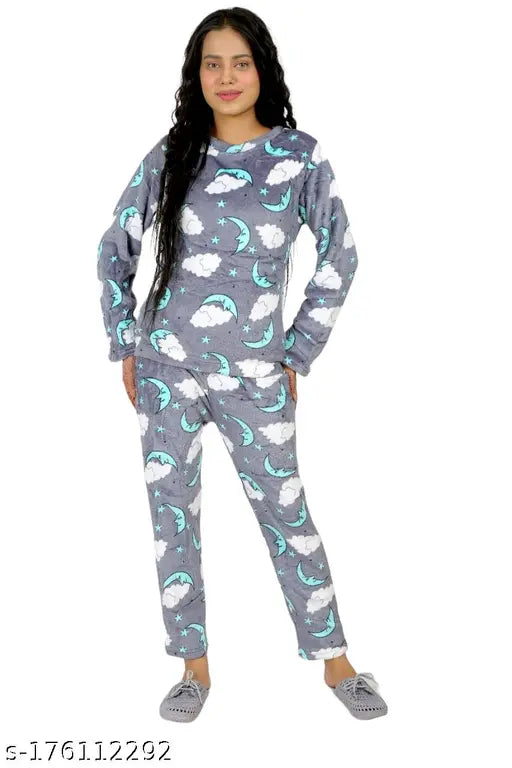 Grey woolen-blend fleece fur core velvet night suit printed top and pyjama set