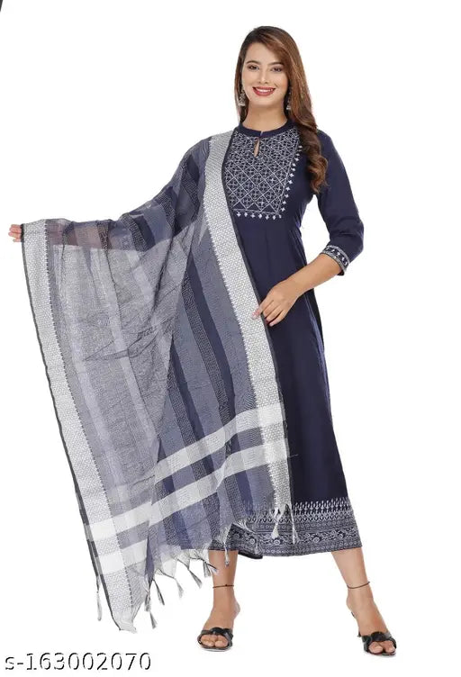 Rayon A-Line kurti with dupatta, single solid color, three-quarter sleeves, Indian embroidery work on neck yoke and printed border, standard size dupatta