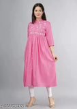 Pink embroidered rayon kurti for women, three-quarter sleeve, keyhole neck, flared hem - India party wear