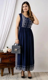 Rayon printed blue straight Nayra cut kurti for women-girls, sleeveless, classic & trendy, Indian-made fashion