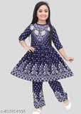 Blue cotton blend party wear set for kids: Three quarter sleeves round neck Naira cut top & palazzo bottoms