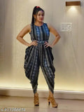 Blue crepe dhoti jumpsuit, trendy animal print, balloon silhouette, sleeveless, perfect for party wear