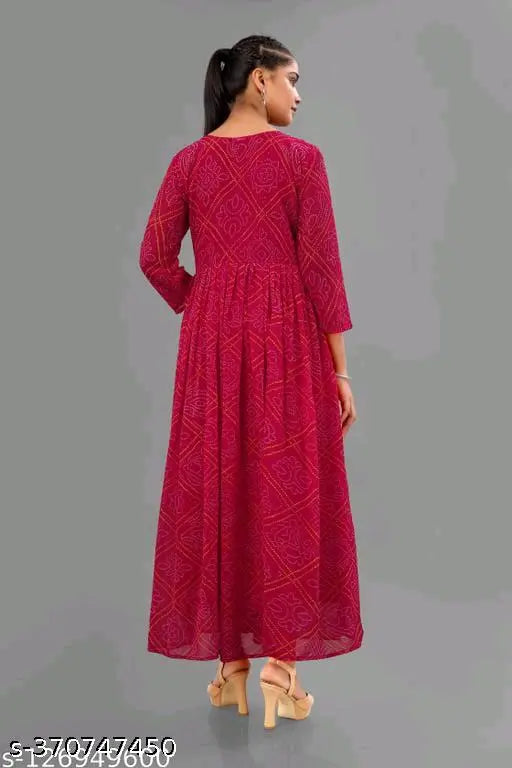 Bandhini Pink Georgette dress, traditional Indian fashion with three-quarter sleeves and flared silhouette