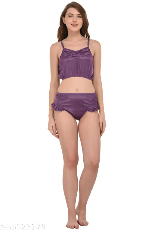 Solid purple satin robe set for women, trendy and versatile fashion for home or leisure