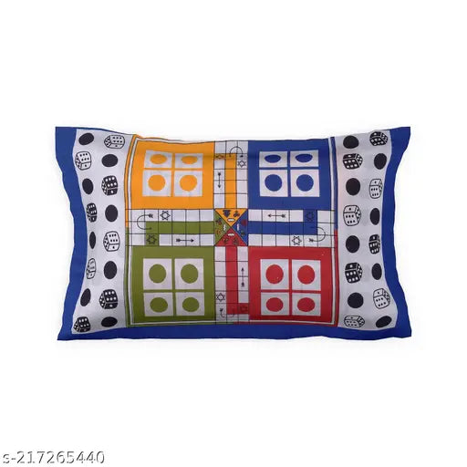 Vibrant Ludo-printed cotton single bedsheet & pillow cover, ideal for kids' summer rooms. India origin." (109 characters)