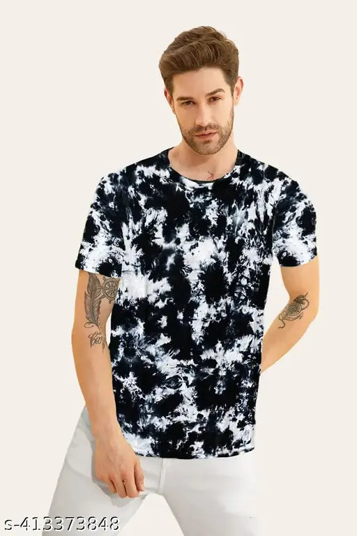 Tie Dye Men's Cotton Short Sleeve T-shirt, vibrant dyed pattern for casual wear (XS: 24in, XL: 28in, made in India)