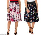 Navy blue multi floral print mid-calf length women's panel skirt combo with black elasticated belt, crepe fabric, flared style. Size 26, 28, 30, 32, 34 (hip sizes: 36-44in). Made in India