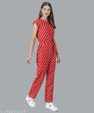 Red polka-printed crepe jumpsuit for women, short sleeves and net detail, Indian origin